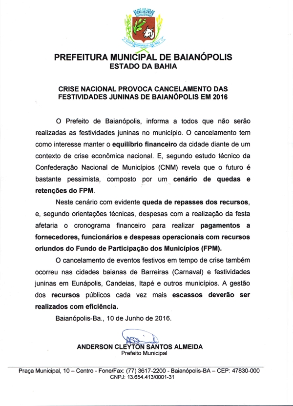 nota de cancelamento das festividades juninas em Baianópolis